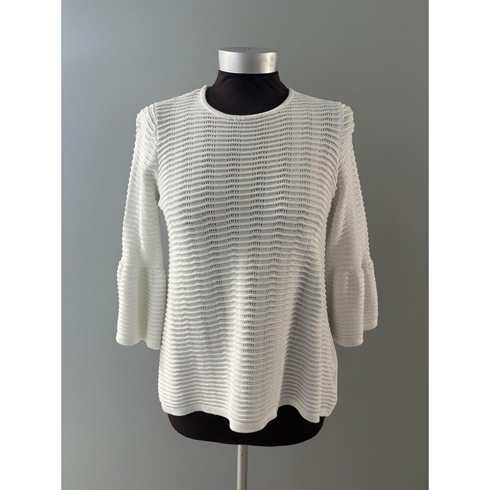 John Mark Sweater Womens Medium White Ribbed Bell Sleeve Preppy Coastal Lagen *
